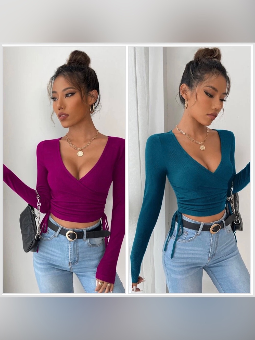 2 SHEIN Wrap Side Tie Long Sleeve Ribbed Crop Tops Red Violet + Teal Blue- Small